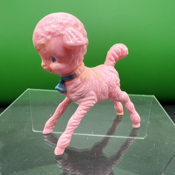 Vintage 1950s Lamb Baby Rattle Toy Pink  Blue Bow Bell Plastic Figure - Picture 2 of 10